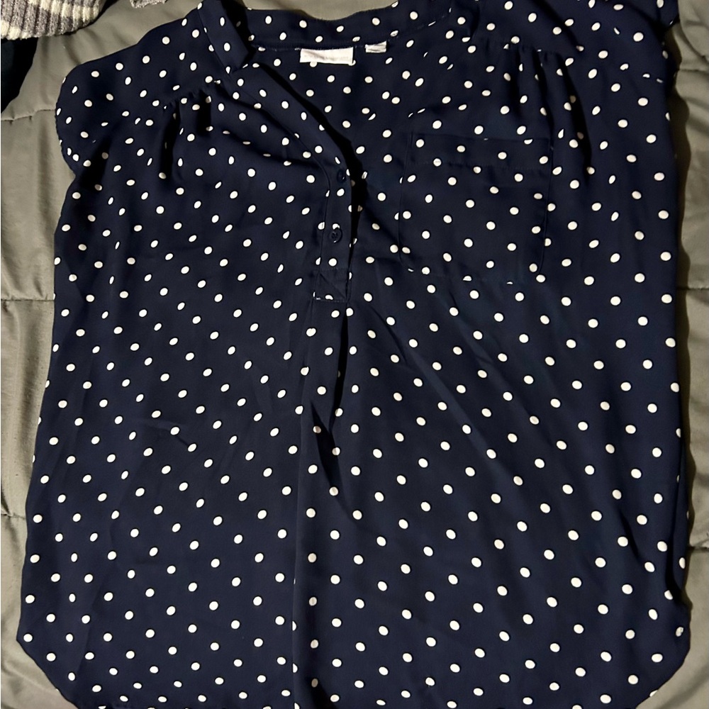 New York & Company Navy Polka Dot Blouse